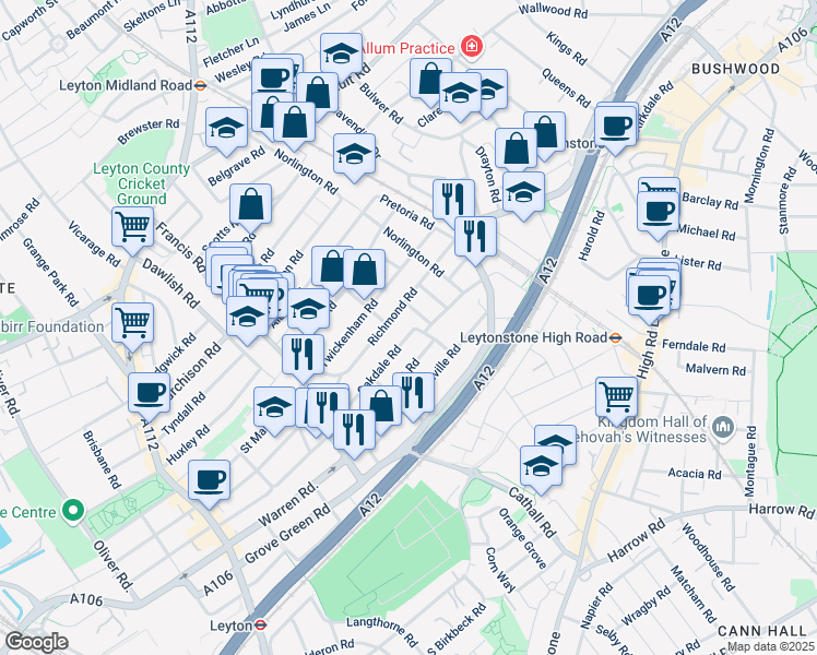 map of restaurants, bars, coffee shops, grocery stores, and more near 134 Oakdale Road in Greater London