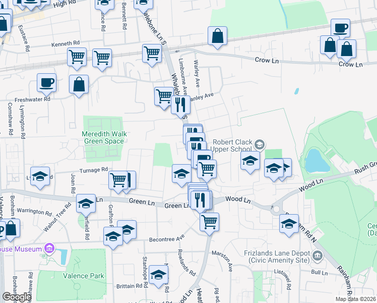 map of restaurants, bars, coffee shops, grocery stores, and more near in Dagenham
