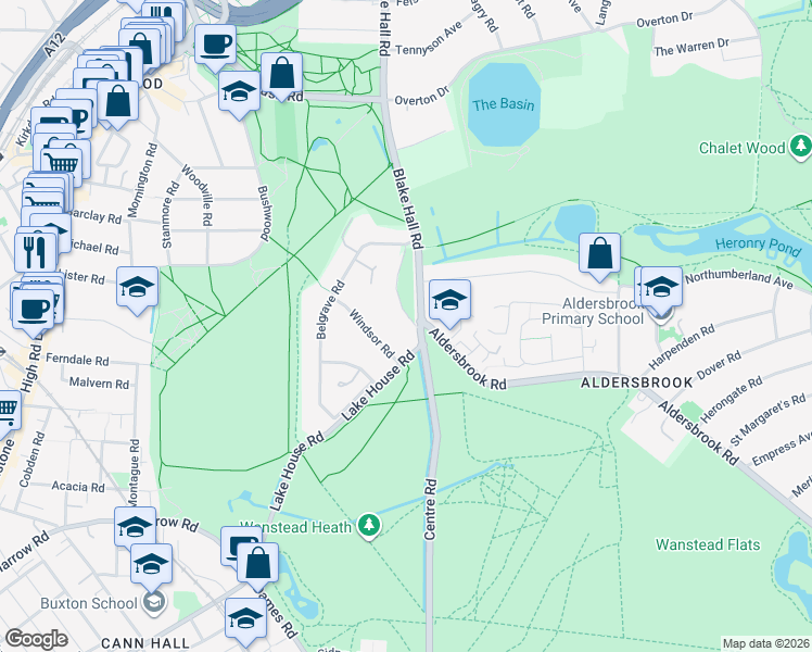 map of restaurants, bars, coffee shops, grocery stores, and more near 31 Blake Hall Crescent in Greater London