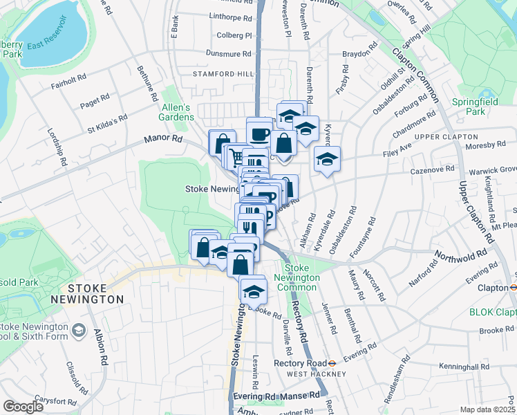 map of restaurants, bars, coffee shops, grocery stores, and more near Stamford Hill in Greater London