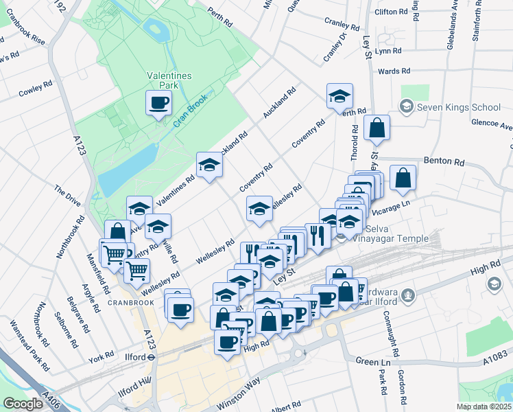map of restaurants, bars, coffee shops, grocery stores, and more near 22 Christchurch Road in Greater London