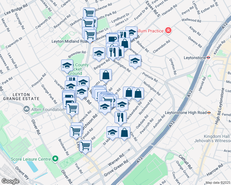 map of restaurants, bars, coffee shops, grocery stores, and more near 176 Murchison Road in Greater London