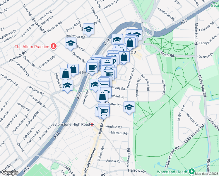 map of restaurants, bars, coffee shops, grocery stores, and more near 612 High Road Leytonstone in Greater London