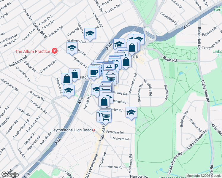 map of restaurants, bars, coffee shops, grocery stores, and more near 612 High Road Leytonstone in Greater London
