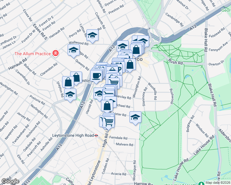 map of restaurants, bars, coffee shops, grocery stores, and more near 612 High Road Leytonstone in Greater London