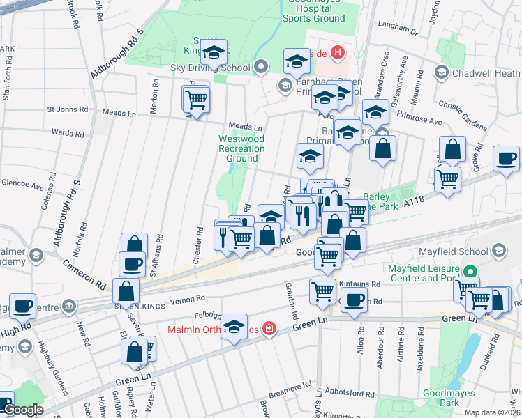 map of restaurants, bars, coffee shops, grocery stores, and more near 24 Blythswood Road in Greater London