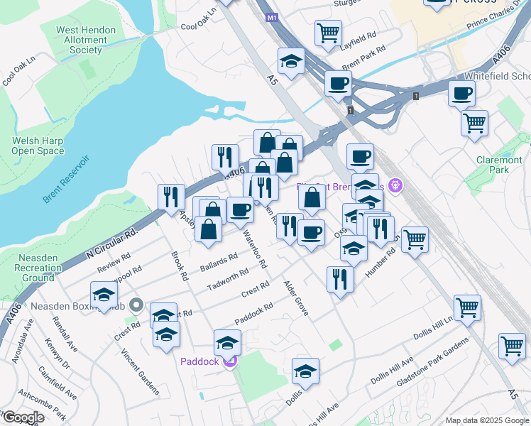 map of restaurants, bars, coffee shops, grocery stores, and more near Coles Green Road in Greater London