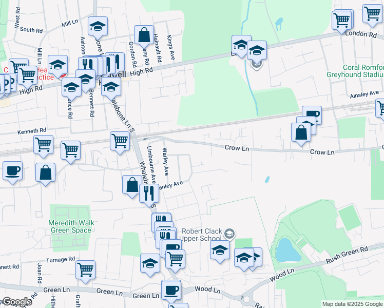 map of restaurants, bars, coffee shops, grocery stores, and more near in Dagenham