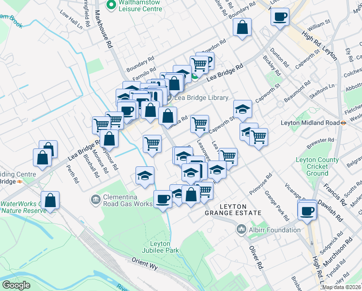map of restaurants, bars, coffee shops, grocery stores, and more near 306 Capworth Street in Greater London