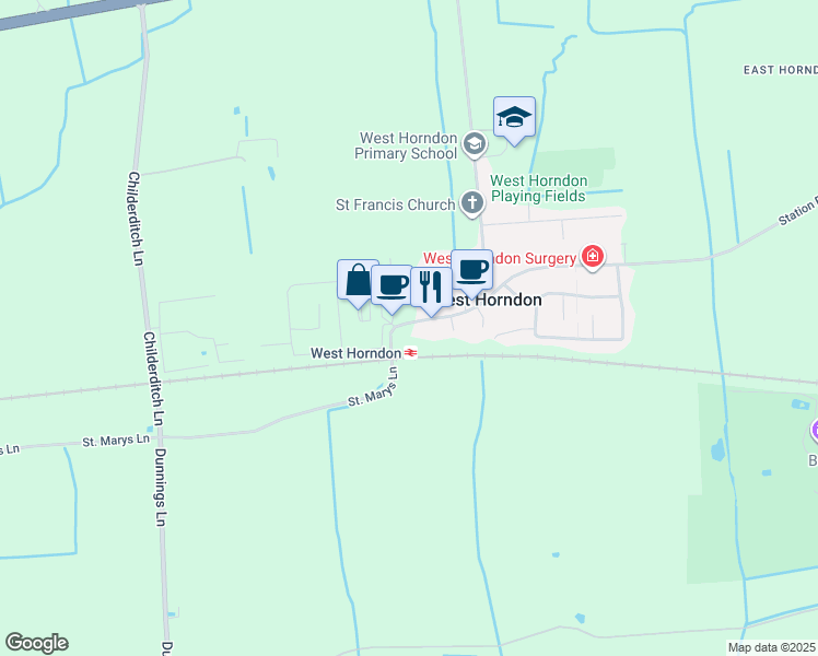 map of restaurants, bars, coffee shops, grocery stores, and more near 13 Station Road in West Horndon