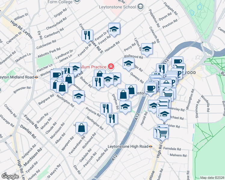 map of restaurants, bars, coffee shops, grocery stores, and more near 101 Bulwer Road in Greater London