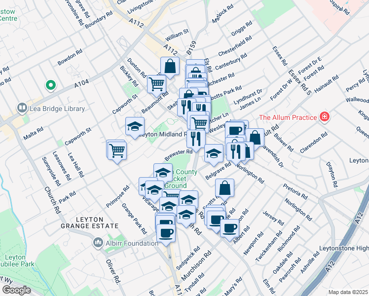 map of restaurants, bars, coffee shops, grocery stores, and more near in Greater London