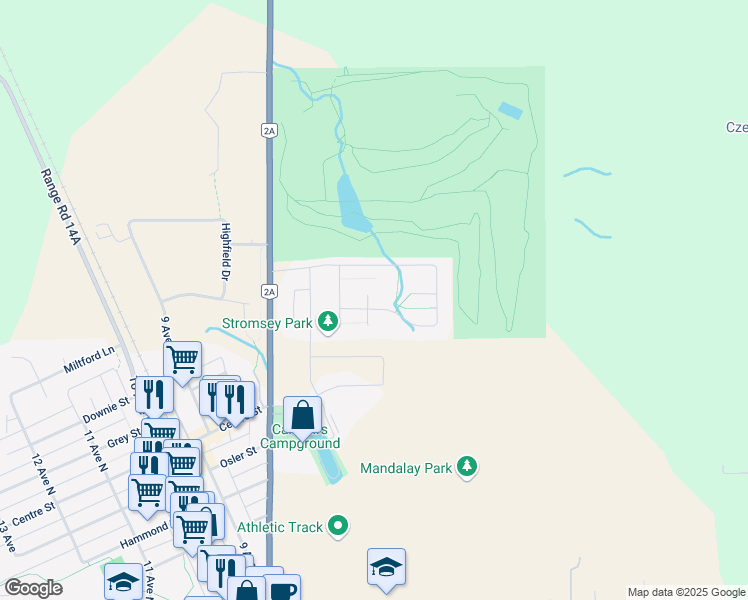 map of restaurants, bars, coffee shops, grocery stores, and more near 80 Stenness Circle in Carstairs