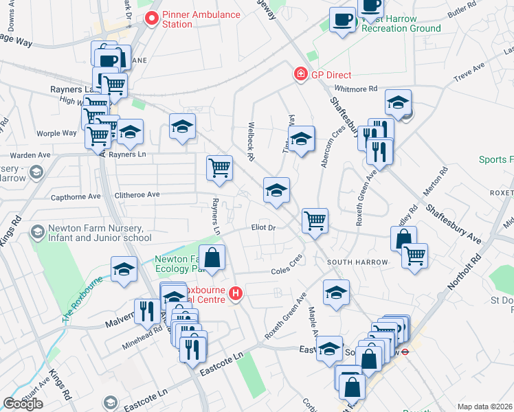 map of restaurants, bars, coffee shops, grocery stores, and more near 2 Scott Crescent in Greater London