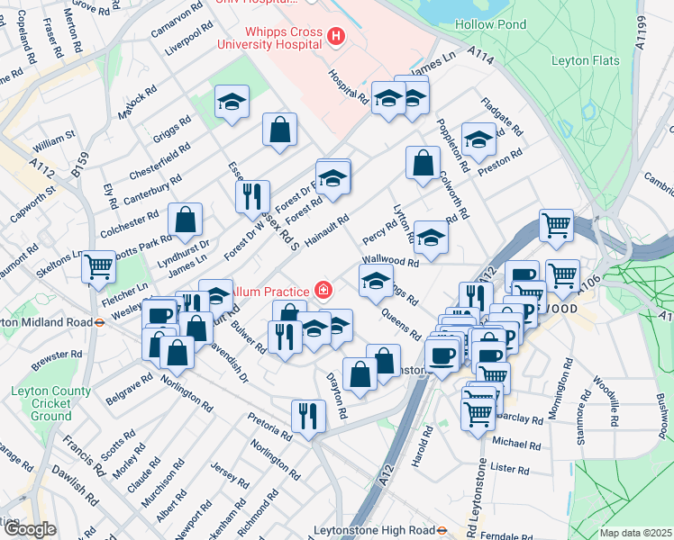 map of restaurants, bars, coffee shops, grocery stores, and more near 56 Wallwood Road in Greater London