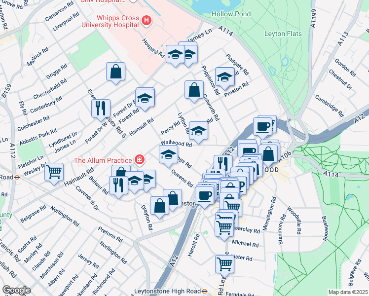 map of restaurants, bars, coffee shops, grocery stores, and more near 109 Wallwood Road in Greater London