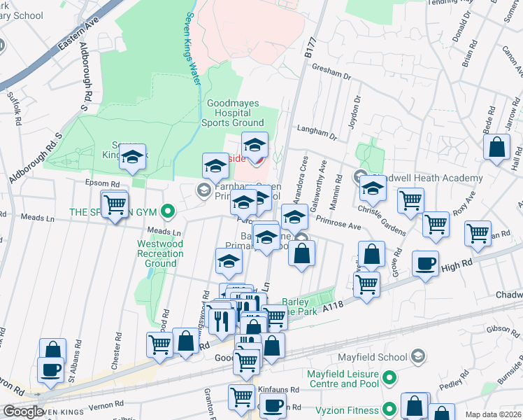 map of restaurants, bars, coffee shops, grocery stores, and more near in Ilford