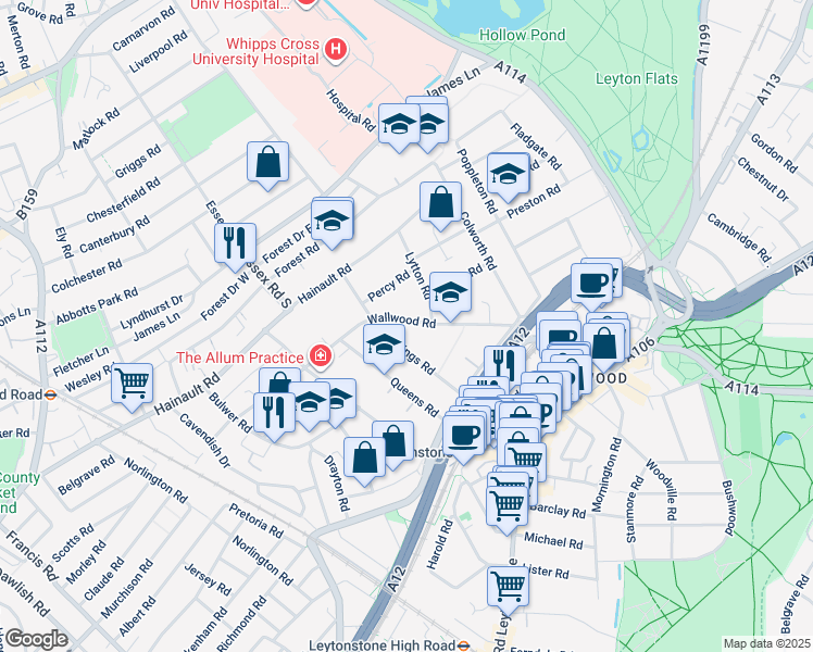map of restaurants, bars, coffee shops, grocery stores, and more near 109 Wallwood Road in Greater London