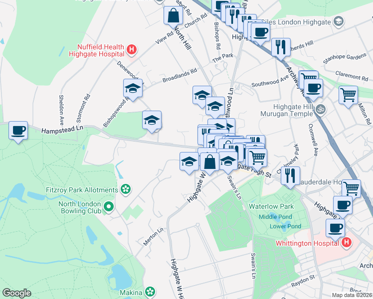 map of restaurants, bars, coffee shops, grocery stores, and more near 13 Hampstead Lane in Greater London