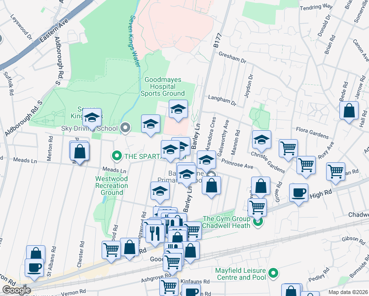 map of restaurants, bars, coffee shops, grocery stores, and more near in Ilford