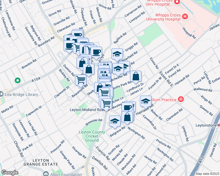 map of restaurants, bars, coffee shops, grocery stores, and more near in Greater London