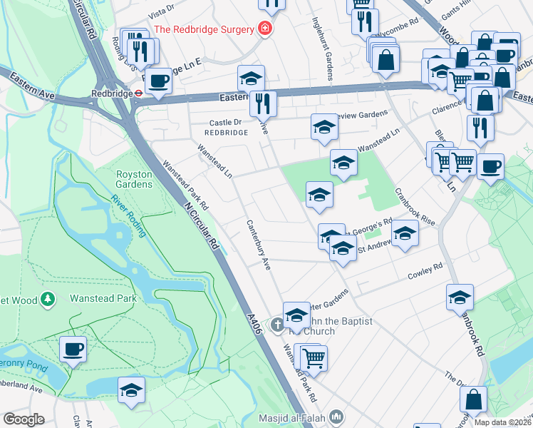 map of restaurants, bars, coffee shops, grocery stores, and more near 68 Canterbury Avenue in Greater London