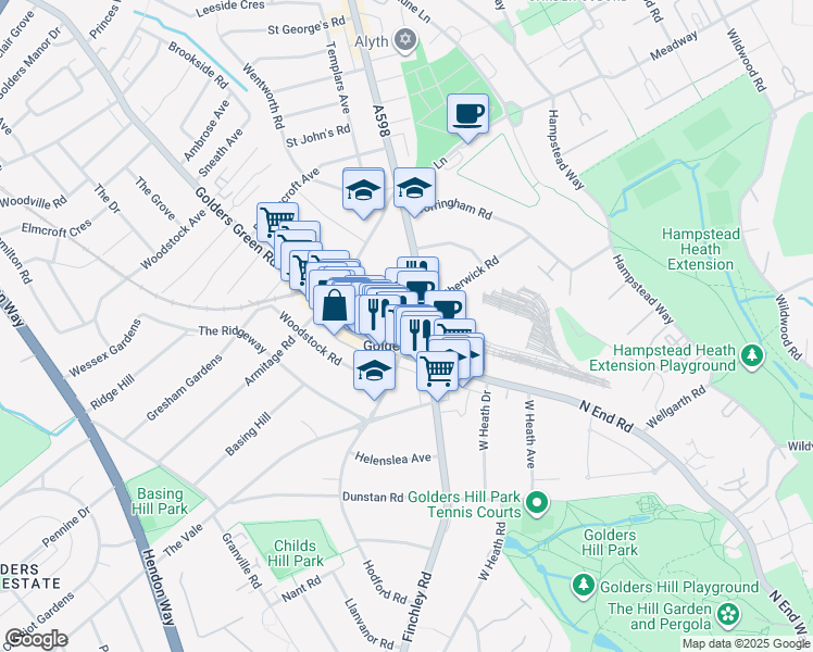map of restaurants, bars, coffee shops, grocery stores, and more near 26-30 Golders Green Crescent in Greater London