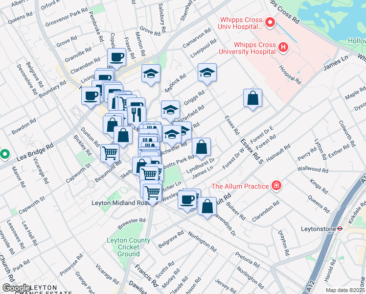 map of restaurants, bars, coffee shops, grocery stores, and more near 40 Colchester Road in London
