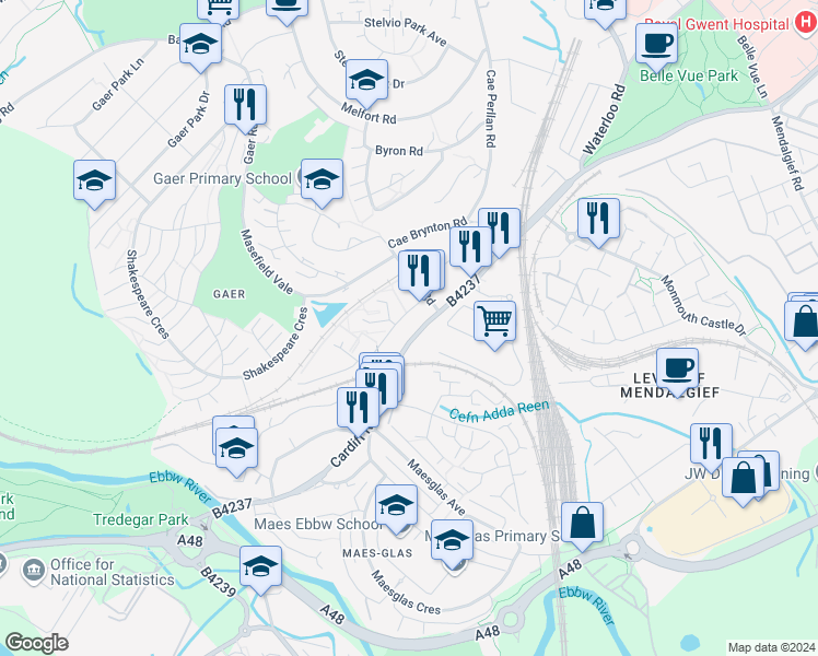 map of restaurants, bars, coffee shops, grocery stores, and more near Cardiff Road in Newport