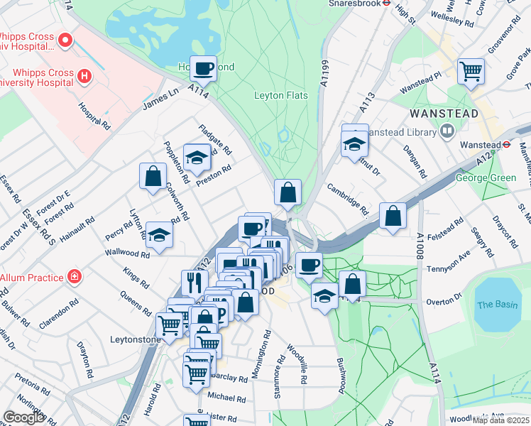 map of restaurants, bars, coffee shops, grocery stores, and more near Leyton Way in Greater London