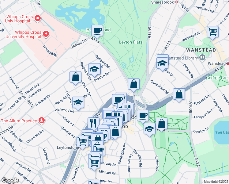 map of restaurants, bars, coffee shops, grocery stores, and more near Leyton Way in London