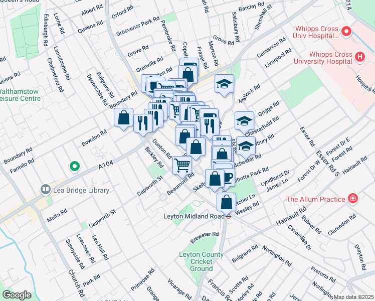map of restaurants, bars, coffee shops, grocery stores, and more near 42 Capworth Street in Greater London