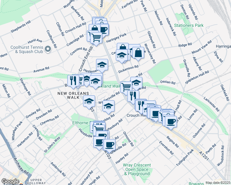 map of restaurants, bars, coffee shops, grocery stores, and more near in Greater London