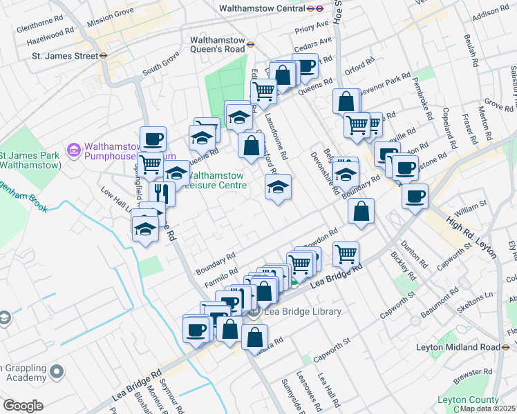 map of restaurants, bars, coffee shops, grocery stores, and more near in London