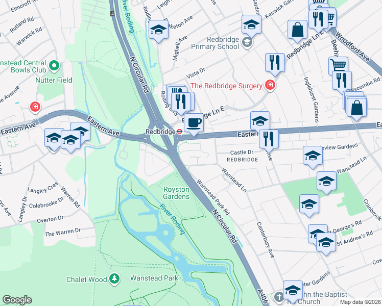 map of restaurants, bars, coffee shops, grocery stores, and more near in Greater London