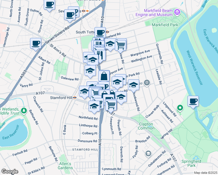 map of restaurants, bars, coffee shops, grocery stores, and more near 0 Olinda Road in Greater London