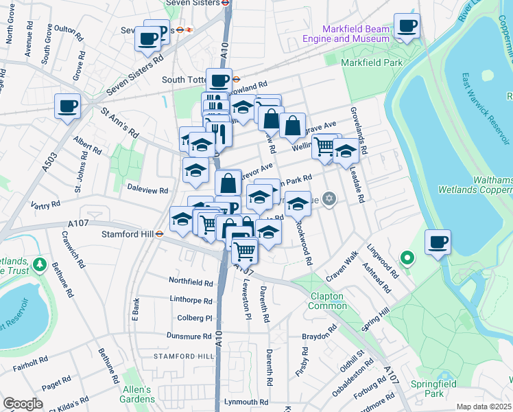 map of restaurants, bars, coffee shops, grocery stores, and more near 30 Olinda Road in Greater London