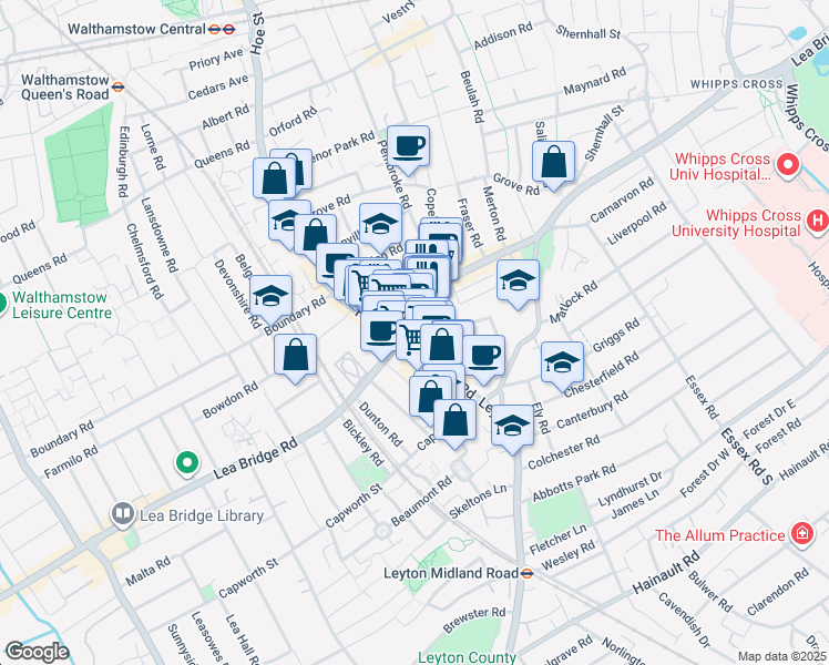 map of restaurants, bars, coffee shops, grocery stores, and more near in Greater London