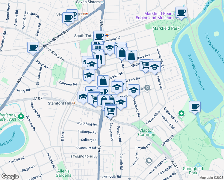 map of restaurants, bars, coffee shops, grocery stores, and more near 15 Olinda Road in Greater London