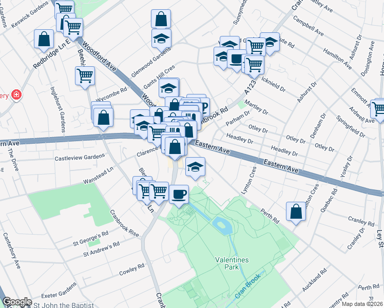 map of restaurants, bars, coffee shops, grocery stores, and more near 27 Perth Road in Greater London