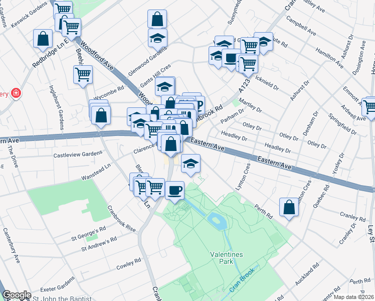 map of restaurants, bars, coffee shops, grocery stores, and more near 27 Perth Road in Greater London