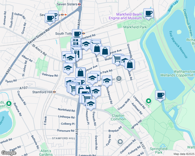 map of restaurants, bars, coffee shops, grocery stores, and more near 63 Olinda Road in Greater London
