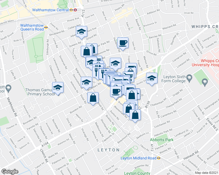 map of restaurants, bars, coffee shops, grocery stores, and more near 458 Hoe Street in Greater London