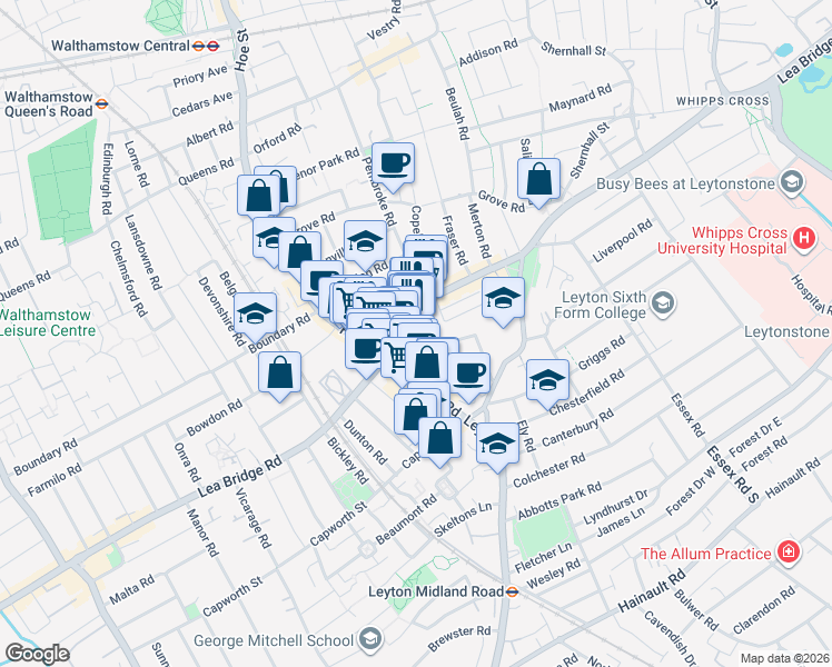 map of restaurants, bars, coffee shops, grocery stores, and more near in Greater London