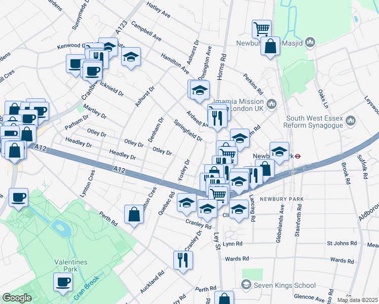 map of restaurants, bars, coffee shops, grocery stores, and more near 75 Yoxley Drive in Greater London