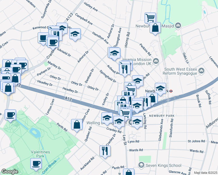 map of restaurants, bars, coffee shops, grocery stores, and more near 75 Yoxley Drive in Greater London