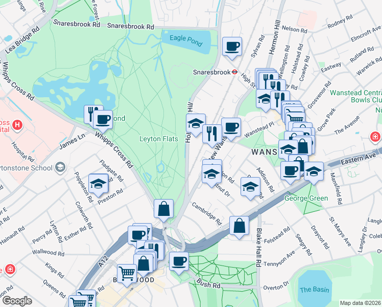 map of restaurants, bars, coffee shops, grocery stores, and more near Hollybush Hill in Greater London