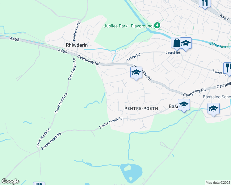map of restaurants, bars, coffee shops, grocery stores, and more near Parkwood Drive in Bassaleg