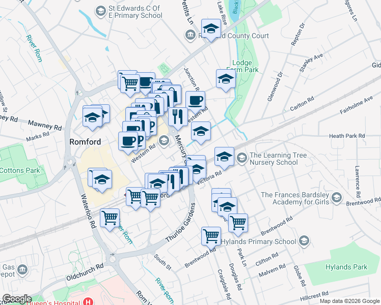 map of restaurants, bars, coffee shops, grocery stores, and more near in Greater London