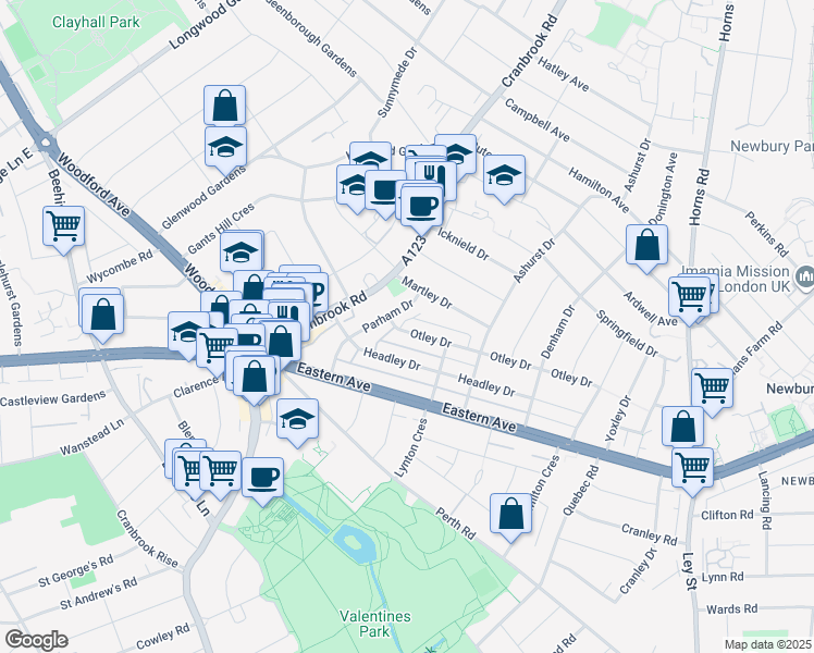 map of restaurants, bars, coffee shops, grocery stores, and more near in Ilford